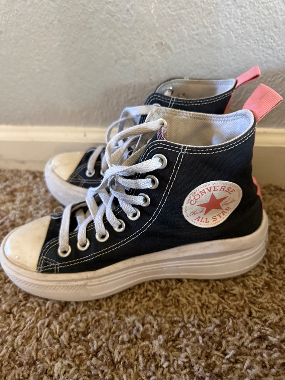 Converse Kids' Black Canvas High Top Sneakers with Pink Pull Tab